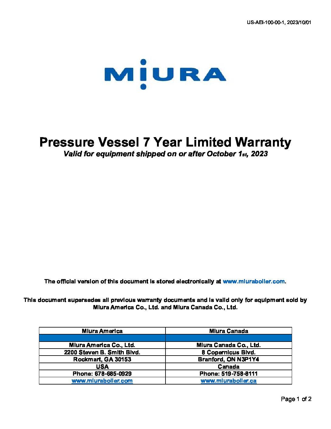 2023-10-01 MAC Pressure Vessel 7 Year Limited Warranty